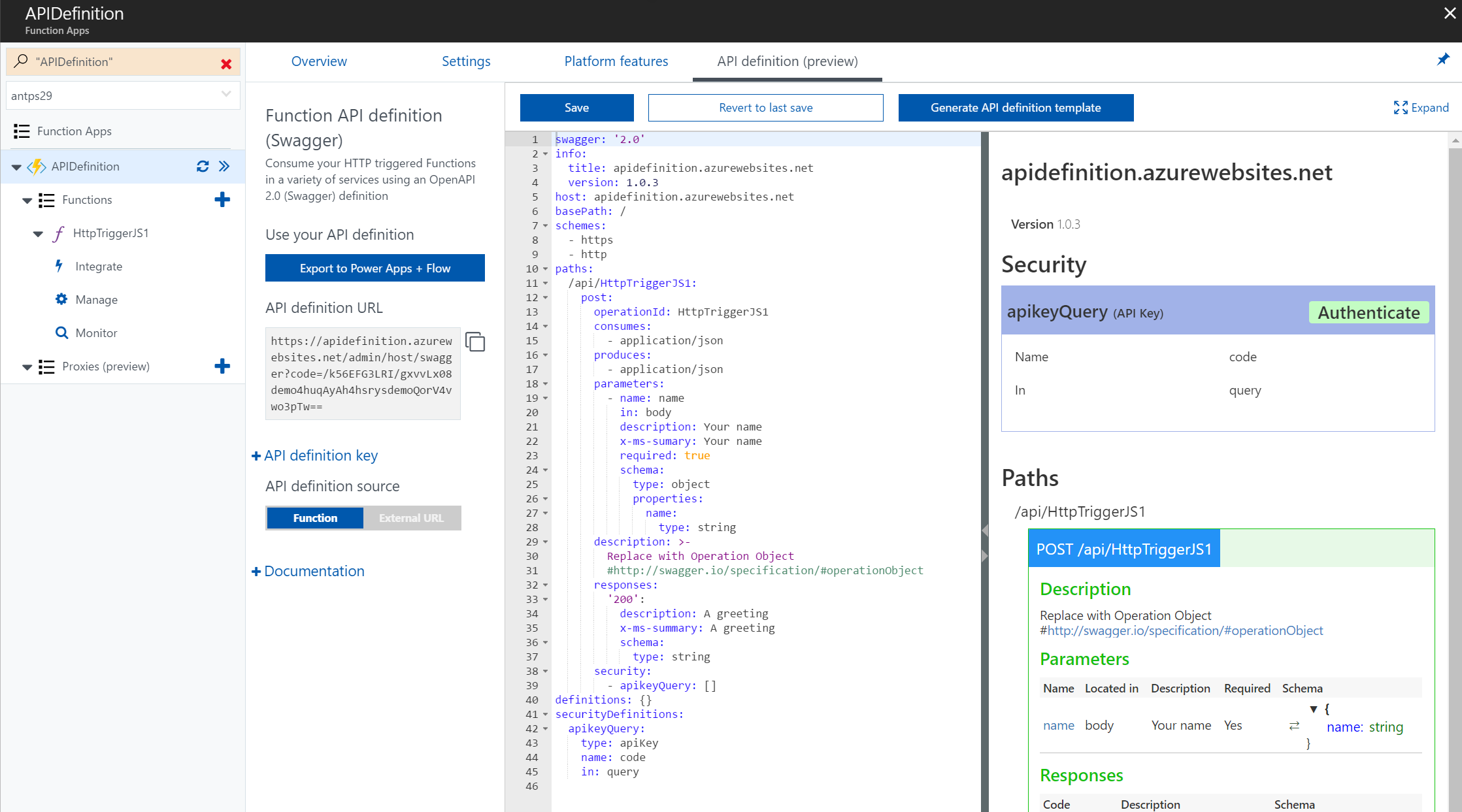 OpenAPI definition page